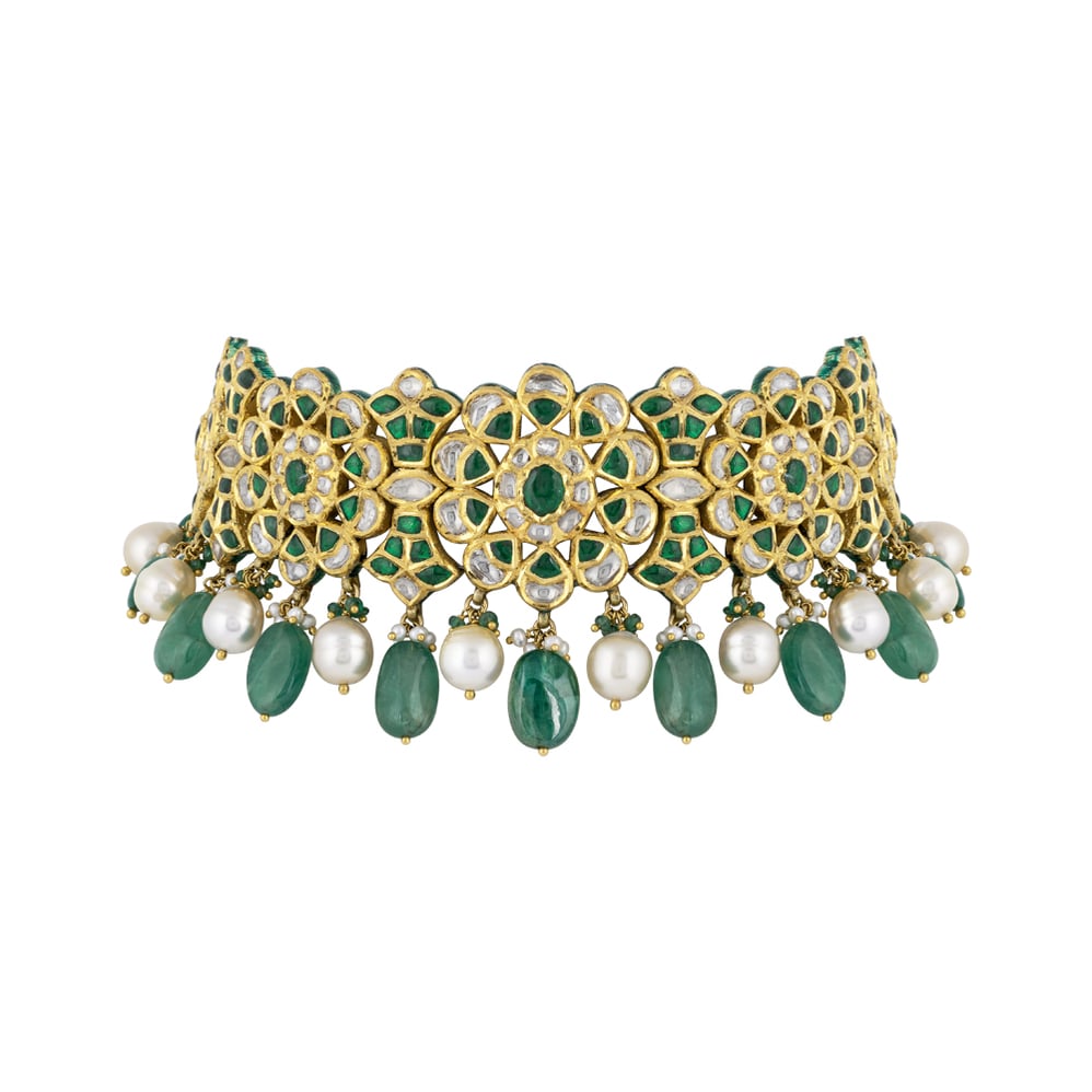 Floral Polki Choker with Green Talaf, Emerald & Pearl Drops